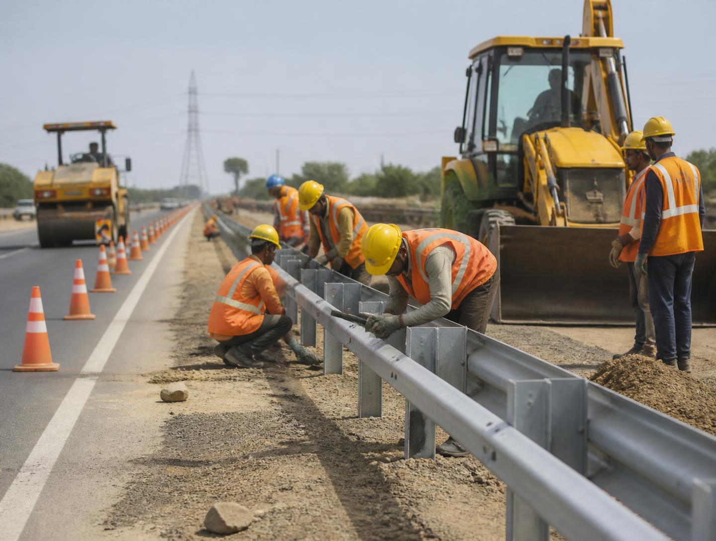 Road construction crew installing safety barriers