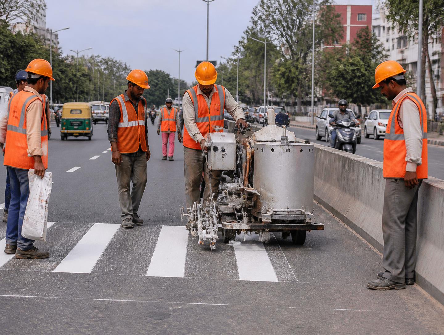 Thermoplastic road marking crew at work on a highway